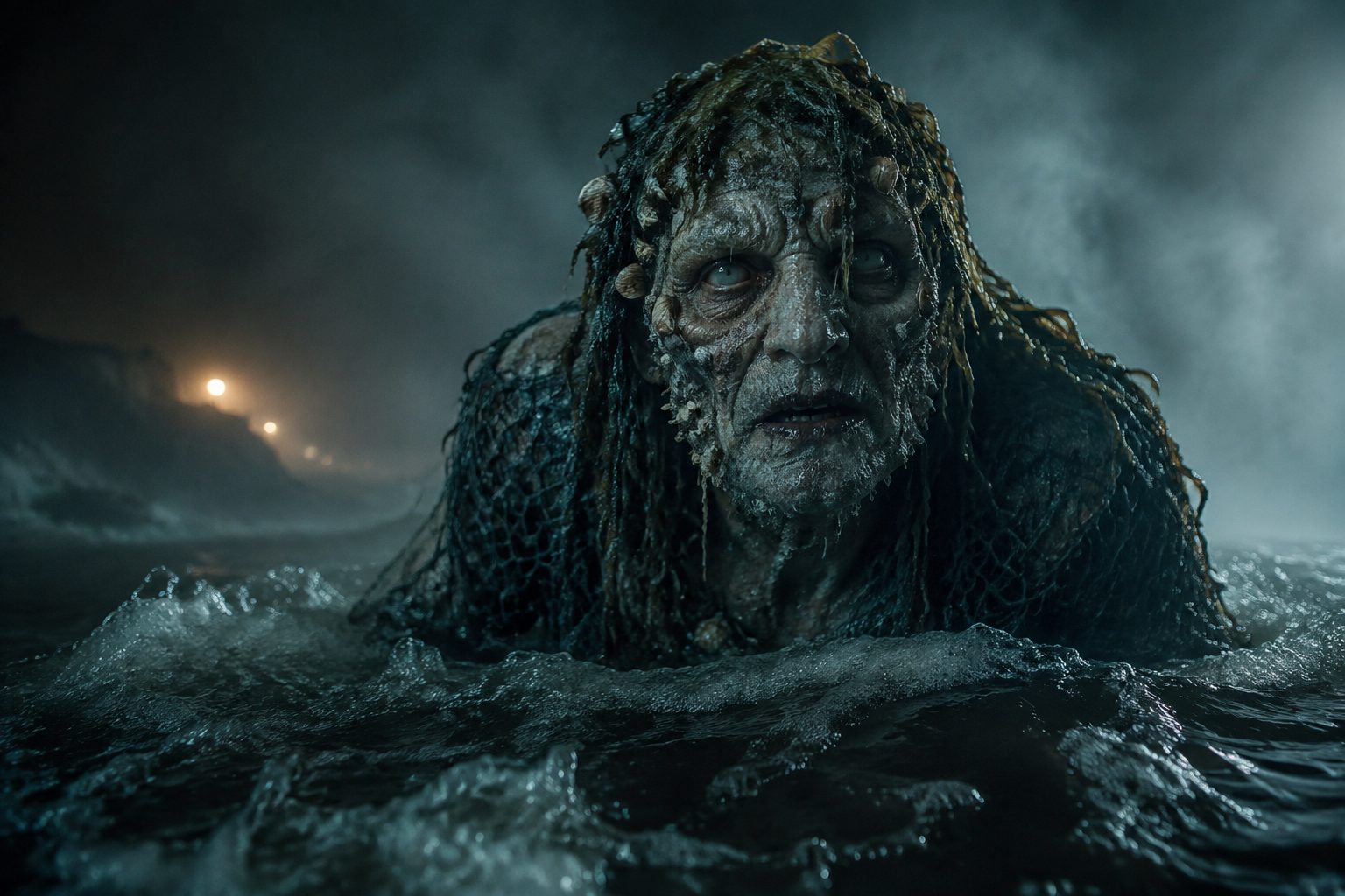 A waterlogged figure emerging from the surf.