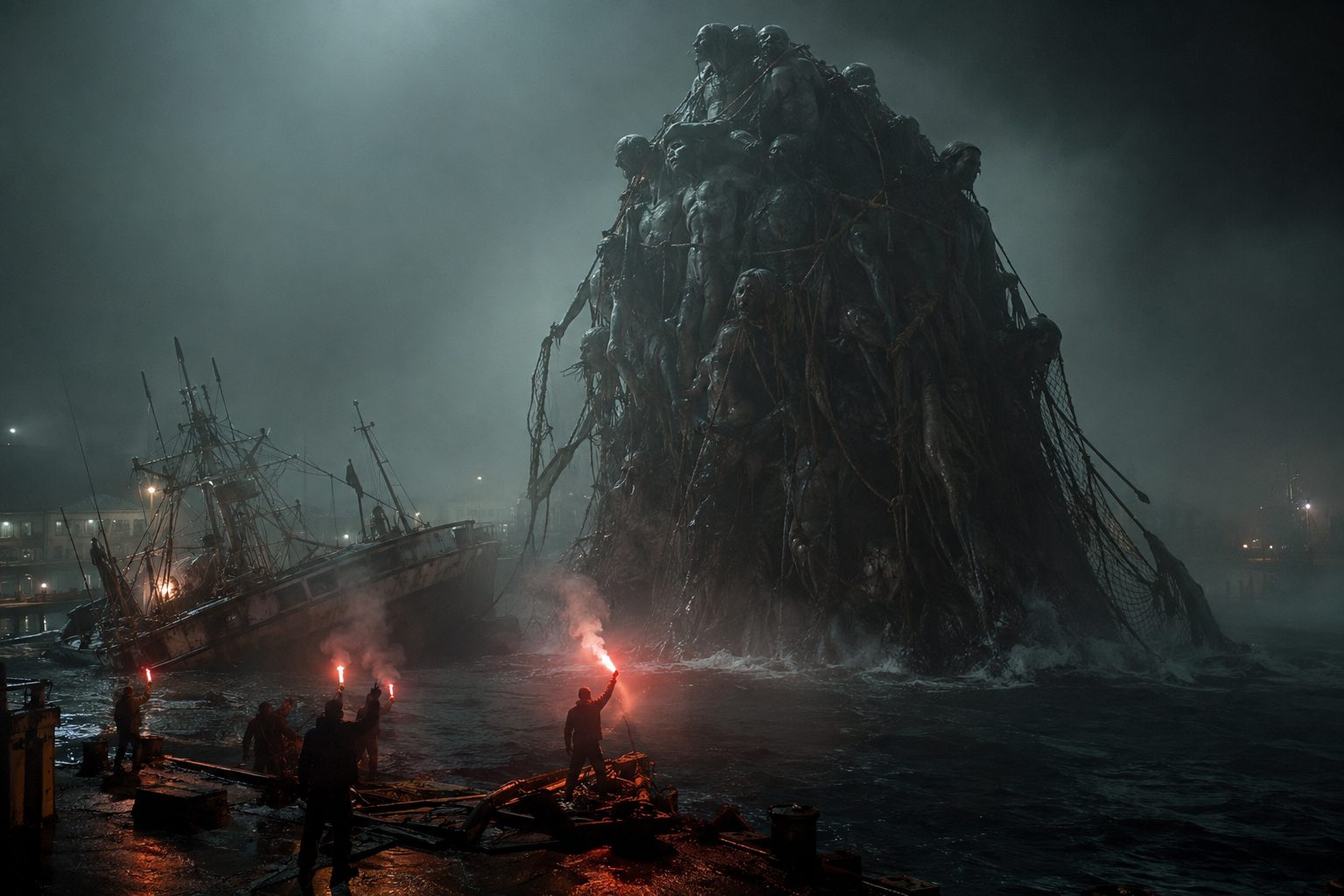 A colossal amalgam of drowned bodies rising from the harbor.