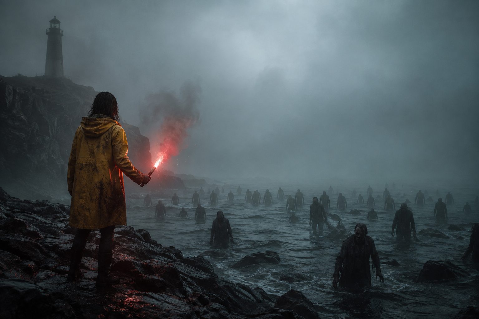 A woman in a yellow oilskin coat faces a fog-covered sea from which the drowned rise.